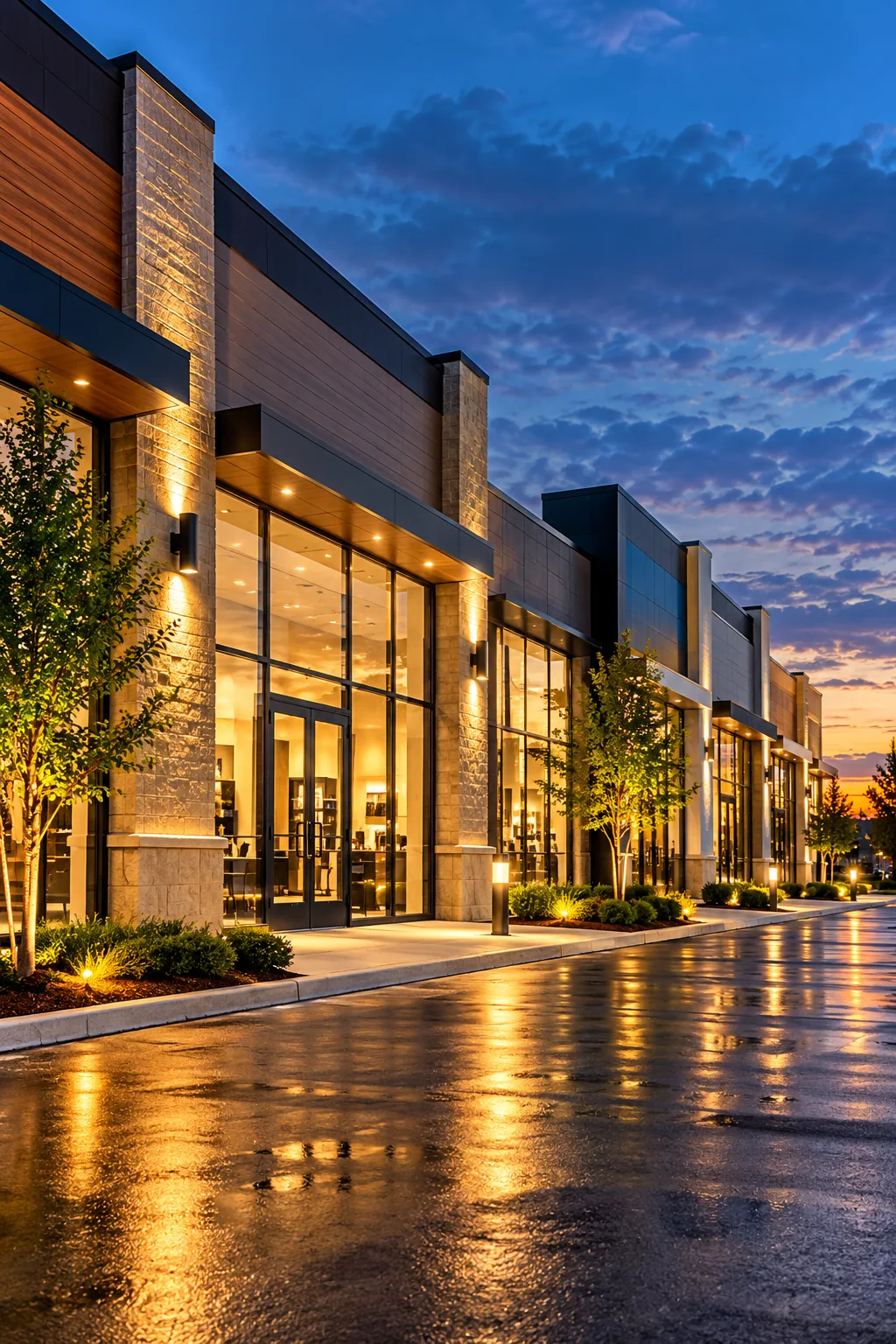 Illustrative retail-plaza frontage at dusk