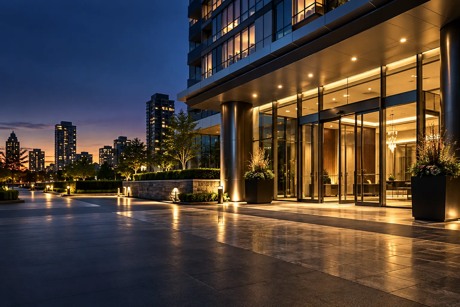 Illustrative architectural image of a modern high-rise entrance at dusk; not a Hykron client property